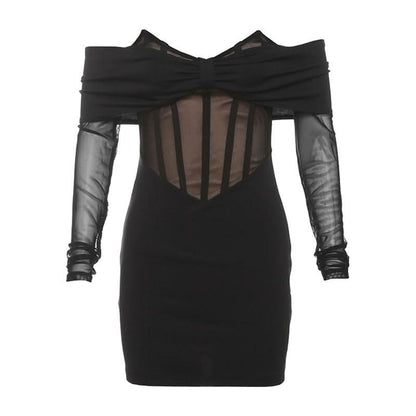 Off shoulder long sleeve mesh bowknot mini dress