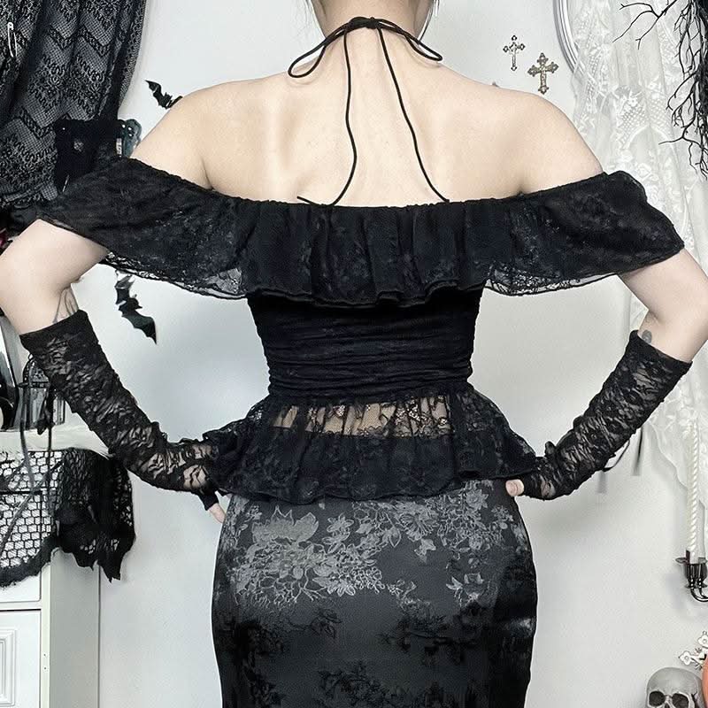 Halter self tie cross front lace ruched off shoulder top