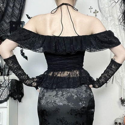 Halter self tie cross front lace ruched off shoulder top