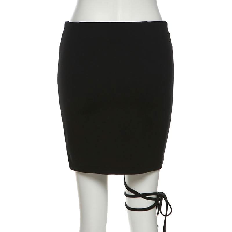 Hollow out metal chain self tie zip-up cut out mini skirt