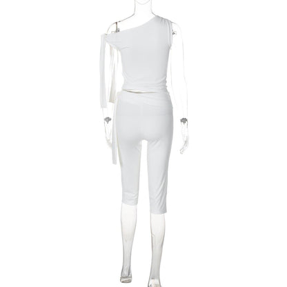 Off shoulder knotted medium rise pant set
