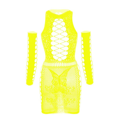 Gloves lace fishnet diamond pattern mini dress