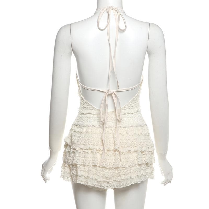 Halter self tie see through v neck hollow out cut out mini dress