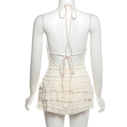 Halter self tie see through v neck hollow out cut out mini dress