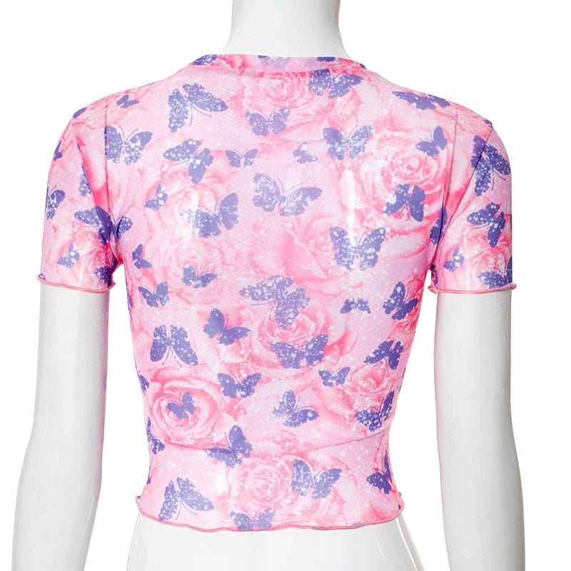 Short sleeve butterfly print sheer mesh crewneck ruffle top