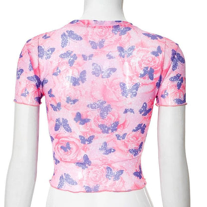 Short sleeve butterfly print sheer mesh crewneck ruffle top