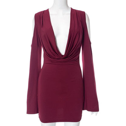 Long flared sleeve off shoulder cowl neck ruched solid mini dress