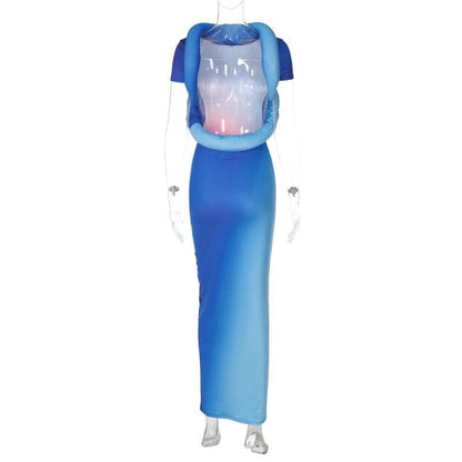 Short sleeve gradient backless maxi dress