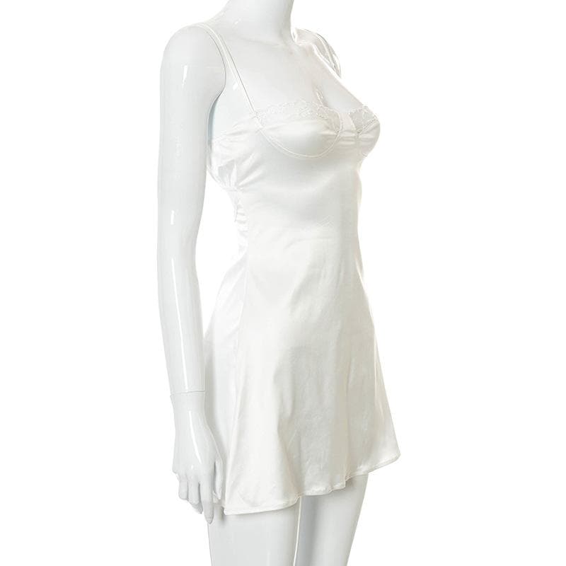 Lace hem satin ruched hollow out backless cami cut out mini dress