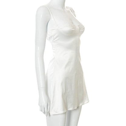 Lace hem satin ruched hollow out backless cami cut out mini dress
