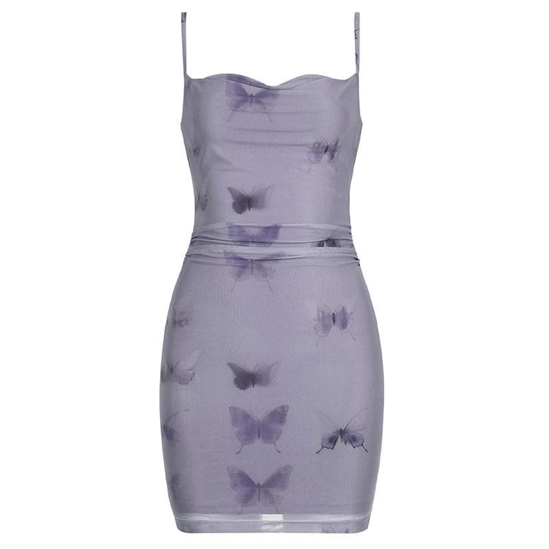 Butterfly print cowl neck ruched mesh cami mini dress