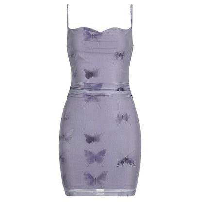 Butterfly print cowl neck ruched mesh cami mini dress
