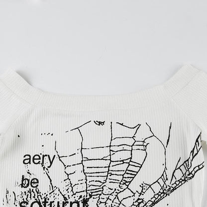 Off shoulder ribbed spider web print top