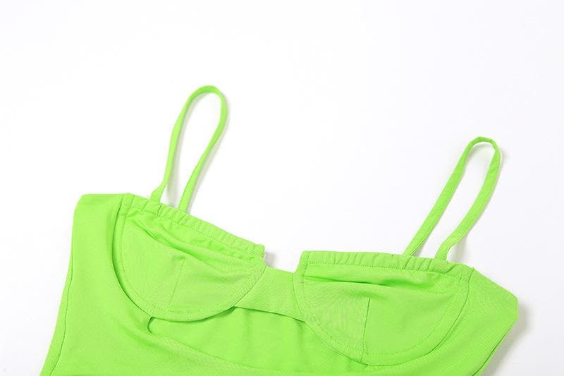 Hollow out solid ruched low cut self tie cami bodysuit mini skirt set-final-sale