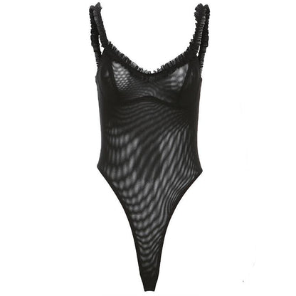 Sheer mesh ruffle see through v neck solid sleeveless bodysuit