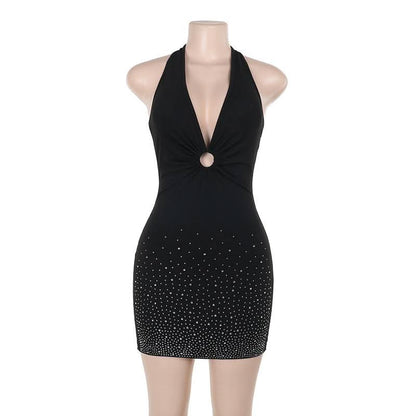 Halter self tie beaded ruched v neck mini dress