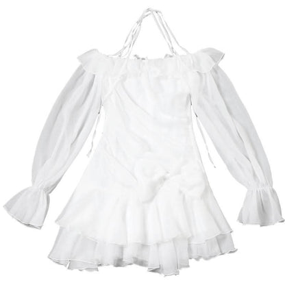 Halter off shoulder chiffon bowknot ruffle mini dress