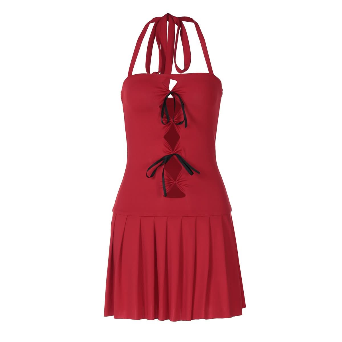 Halter bowknot ruched hollow out cut out mini dress