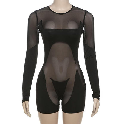 Long sleeve crewneck mesh patchwork zip-up romper