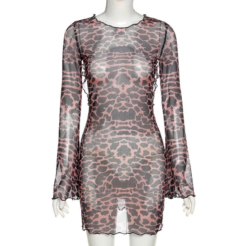 Sheer mesh leopard print contrast see through self tie backless mini dress
