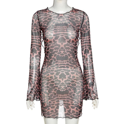 Sheer mesh leopard print contrast see through self tie backless mini dress
