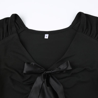 Patchwork solid long sleeve bowknot v neck top