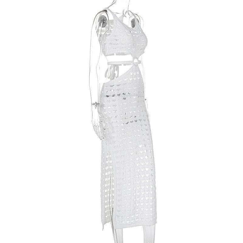 U neck knitted o ring see through tank midi dress