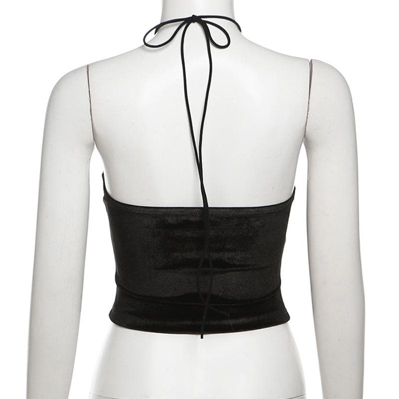 Halter velvet flower applique backless top