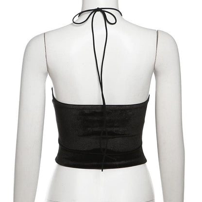 Halter velvet flower applique backless top