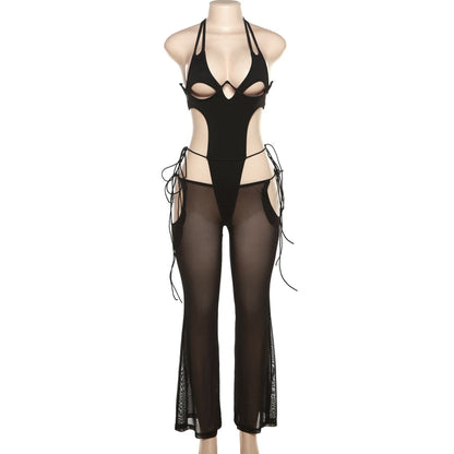 Halter self tie hollow out low cut backless mesh bodysuit pant set-final-sale