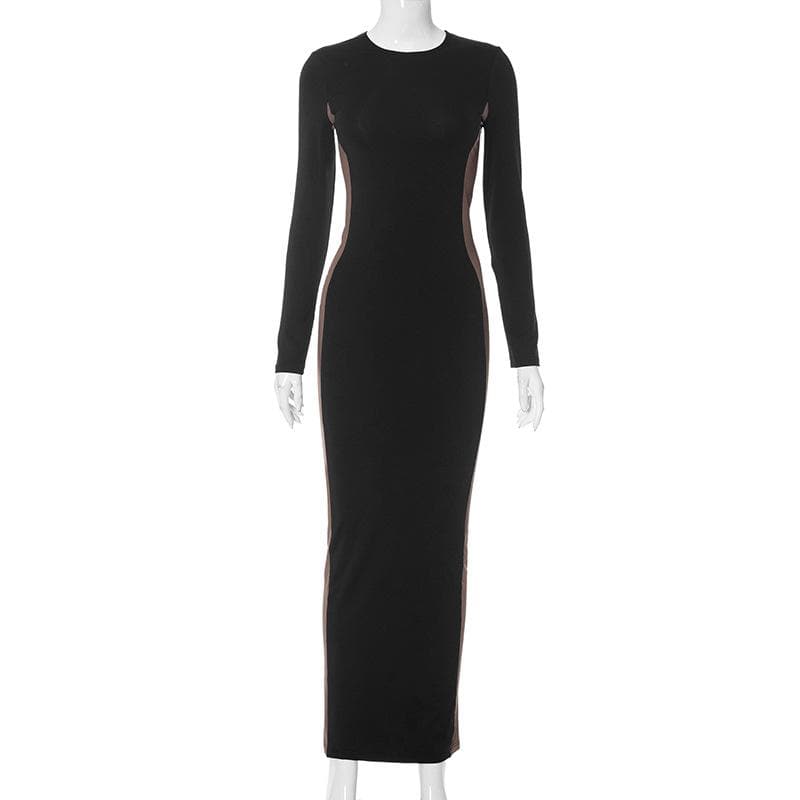 Contrast Side Panel Crew Neck Long Sleeve Bodycon Maxi Dress