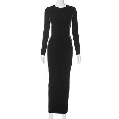 Contrast Side Panel Crew Neck Long Sleeve Bodycon Maxi Dress