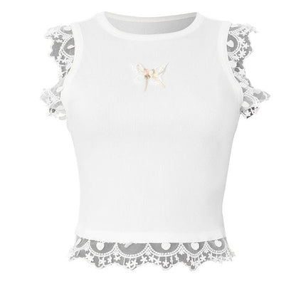 Lace hem ribbed butterfly applique top