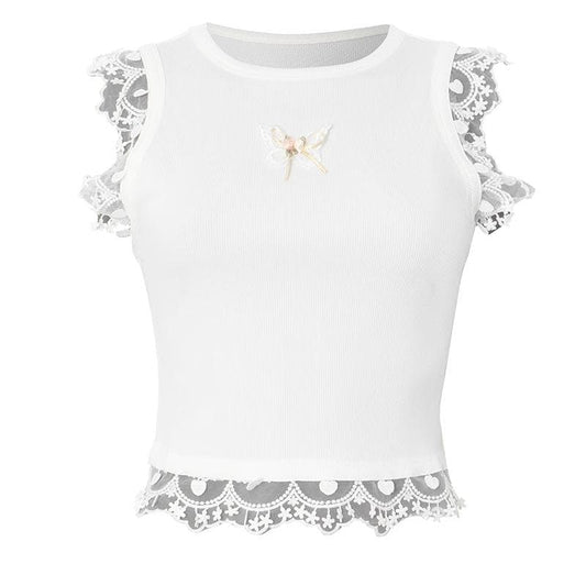Lace hem ribbed butterfly applique top