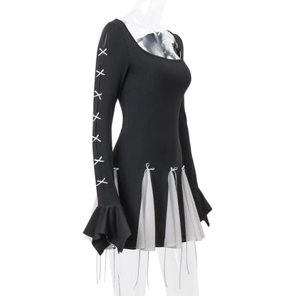 Long flared sleeve bowknot self tie u neck contrast patchwork mini dress