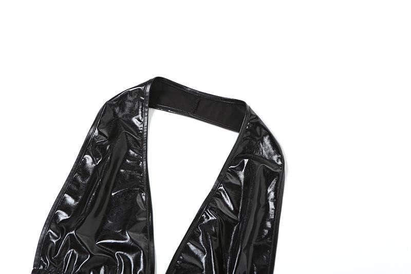 Halter PU leather lace patchwork ruched drawstring mini dress