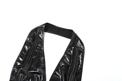 Halter PU leather lace patchwork ruched drawstring mini dress