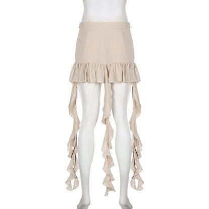 Ruffle ribbon zip-up bowknot button pocket mini skirt