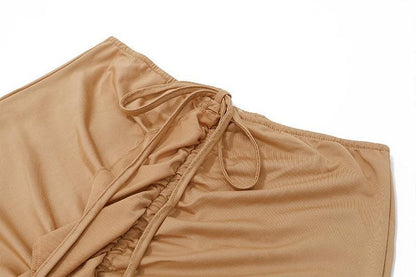 Ruffle solid ruched self tie low rise midi skirt