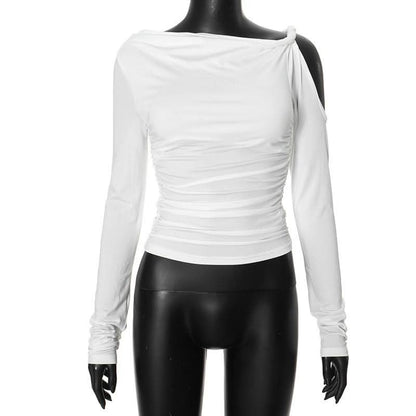 Irregular long sleeve hollow out ruched one shoulder cut out top