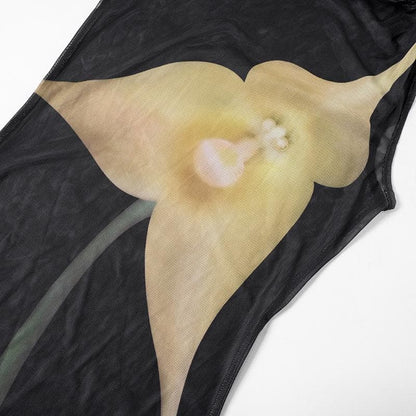 One shoulder sheer mesh print high slit maxi dress