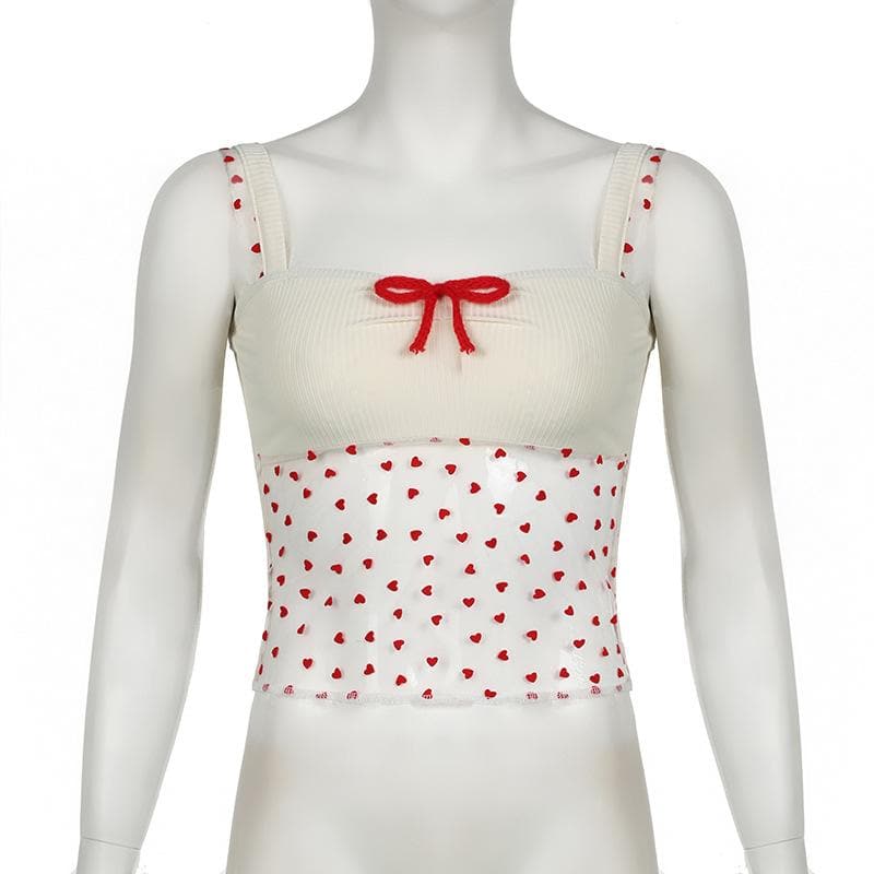 Bowknot ribbed heart pattern mesh cami top