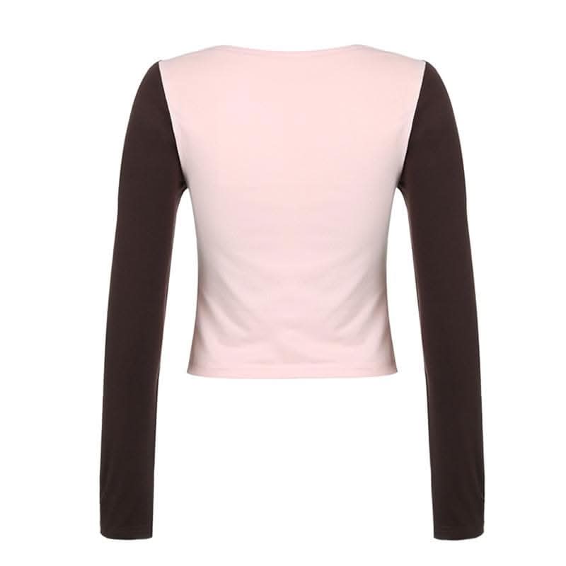 Bowknot contrast patchwork long sleeve v neck top-final-sale