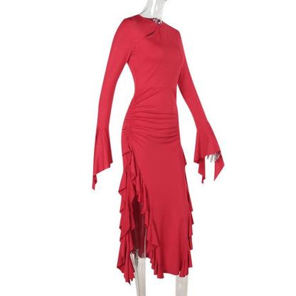 Long sleeve ruffle slit ruched zip-up maxi dress