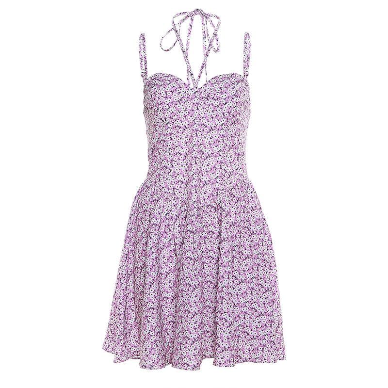 Sweetheart Neck Cross Halter Strap Ditsy Floral Print A Line Mini Dress