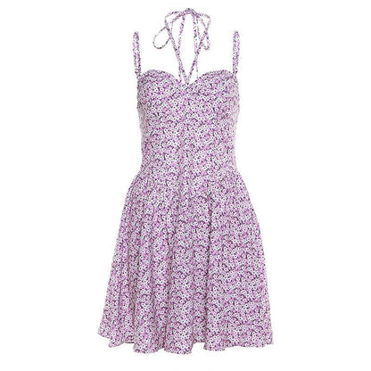 Sweetheart Neck Cross Halter Strap Ditsy Floral Print A Line Mini Dress