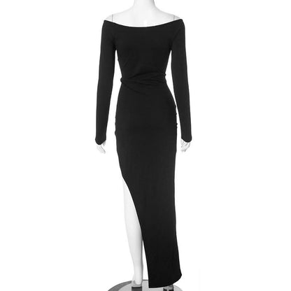 Off shoulder long sleeve hollow out slit cut out maxi dress