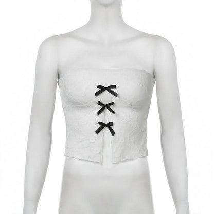 Bowknot lace slit tube top