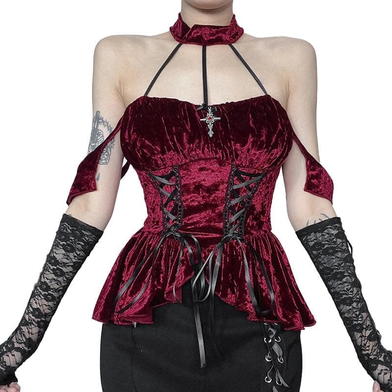 Halter velvet cross applique lace up top