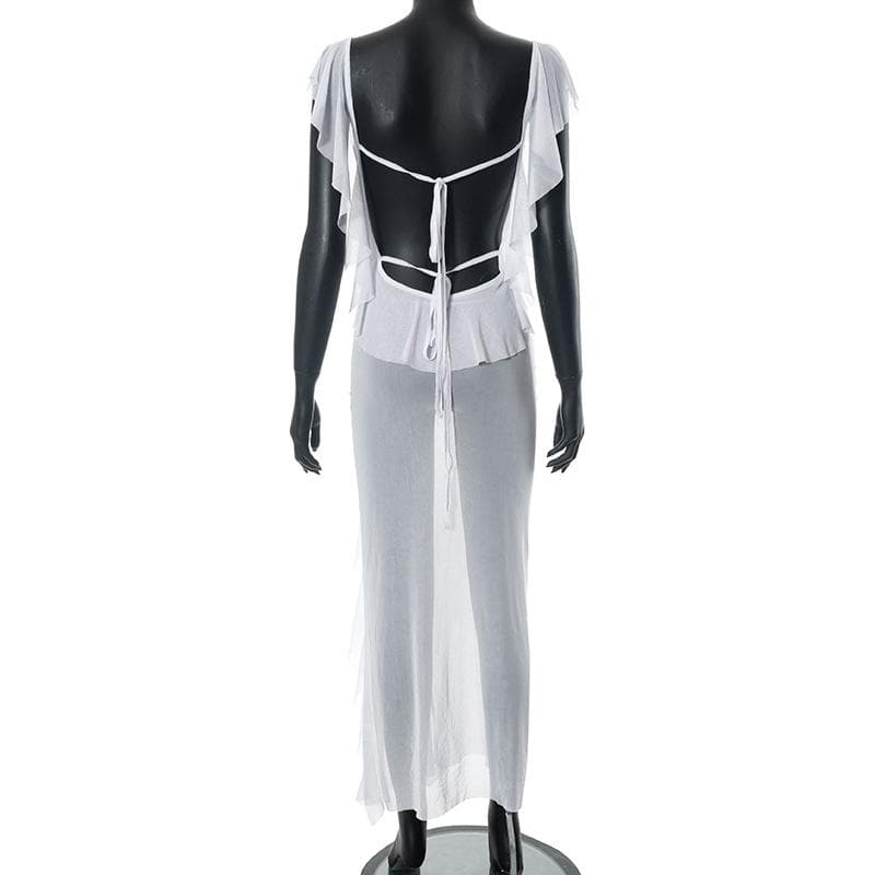 Sheer mesh see through backless ruffle slit cap sleeve maxi dress